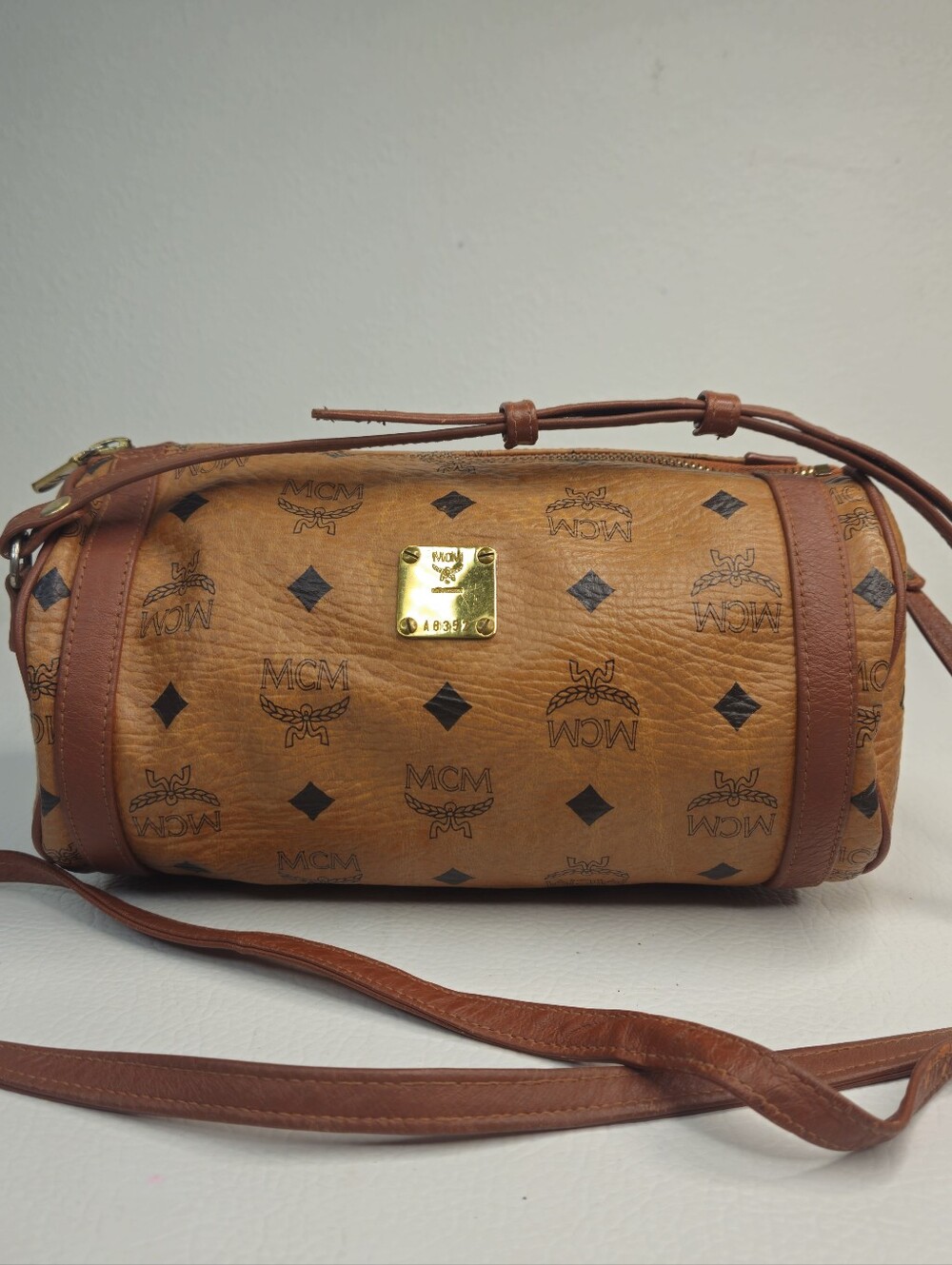 Authentic MCM Monogram Cognac Klassik Visetos Crossbody Barrel Bag